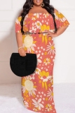 Pink Casual Floral Print Off Shoulder Flutter Sleeve Long Loose Vacation Plus Size Maxi Dresses