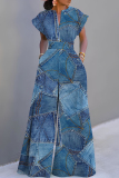 Blue Casual Denim Patchwork Short Sleeve V Neck Cinch Waist Pocket Vacation Wide Leg Jumpsuits