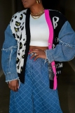 Black Denim Patchwork Leopard Jacquard Sweater Long Sleeve Knit Cardigan Jacket