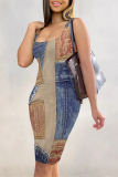 Dark Blue Street Faux Denim Print U Neck Sleeveless Vacation Bodycon Midi Tank Dress