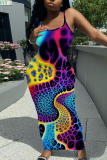 Claret Casual Graphics Print Sleeveless Backless Spaghetti Strap Long Bodycon Maxi Slip Dress