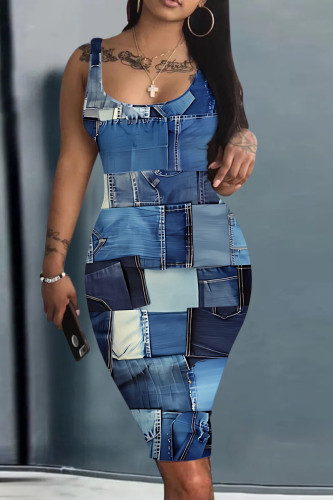 Navy Casual Graphics Print U Neck Sleeveless Vacation Bodycon Midi Tank Dress