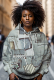 Blue Khaki Denim Patchwork Long Sleeve Hooded Sweatshirt With Pockets