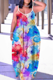 Multicolor Graphcis Print Backless Spaghetti Strap Floor Length Vacation Baggy Sundress Slip Maxi Dress