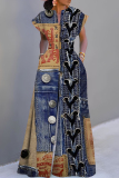 Blue Casual Denim Patchwork Short Sleeve V Neck Cinch Waist Pocket Vacation Wide Leg Jumpsuits