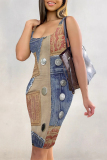 Dark Blue Street Faux Denim Print U Neck Sleeveless Vacation Bodycon Midi Tank Dress