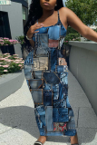 Blue Khaki Casual Graphics Print Sleeveless Backless Spaghetti Strap Long Bodycon Maxi Slip Dress