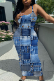 Blue Khaki Casual Graphics Print Sleeveless Backless Spaghetti Strap Long Bodycon Maxi Slip Dress