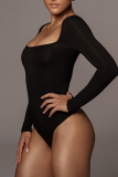 Black Casual Square Neck Long Sleeve Sportwear Skinny Romper Womens Fleece-Lined Base Layer Bodysuits