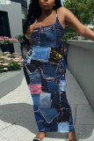 Blue Khaki Casual Graphics Print Sleeveless Backless Spaghetti Strap Long Bodycon Maxi Slip Dress