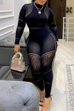 Black See-Through O Neck Long Sleeve Skinny Jumpsuits One Piece Bodysuit