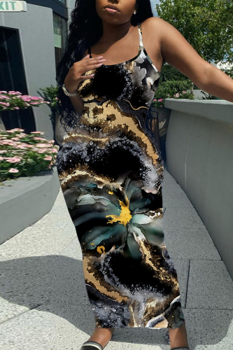 Claret Casual Graphics Print Sleeveless Backless Spaghetti Strap Long Bodycon Maxi Slip Dress