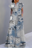 Blue Casual Denim Patchwork Short Sleeve V Neck Cinch Waist Pocket Vacation Wide Leg Jumpsuits