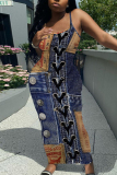 Blue Khaki Casual Graphics Print Sleeveless Backless Spaghetti Strap Long Bodycon Maxi Slip Dress