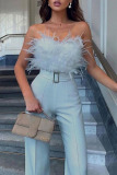 White Sleeveless Strapless Feather Trim Party Jumpsuit with Belted Waist Glamorous Wide Leg Evening Outfit
