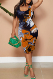 Brown Abstract Print Sleeveless Scoop Neck Party Clubwear Bodycon Midi Dress