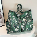 Gothic Skull Floral Print Faux Leather Handbag Edgy Medium Size Tote Bag for Casual Statement Streetwear