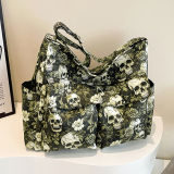 Gothic Skull Floral Print Faux Leather Handbag Edgy Medium Size Tote Bag for Casual Statement Streetwear