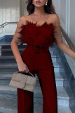 White Sleeveless Strapless Feather Trim Party Jumpsuit with Belted Waist Glamorous Wide Leg Evening Outfit
