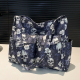 Gothic Skull Floral Print Faux Leather Handbag Edgy Medium Size Tote Bag for Casual Statement Streetwear