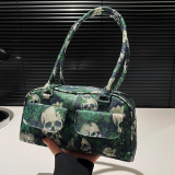Gothic Skull Floral Print Faux Leather Handbag Edgy Medium Size Tote Bag for Casual Statement Streetwear