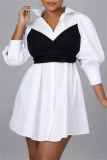 Black Bow Decor Long Puff Sleeves Button-Down Mini Shirt Dress for Cocktail Parties