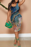 Brown Abstract Print Sleeveless Scoop Neck Party Clubwear Bodycon Midi Dress
