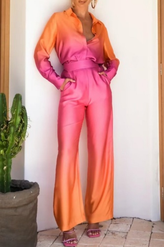 Ombre Gradient Long Sleeve Shirt and Belted Wide Leg Pants Evening Vacation Outfit Two Piece Trousers Set