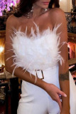 White Sleeveless Strapless Feather Trim Party Jumpsuit with Belted Waist Glamorous Wide Leg Evening Outfit
