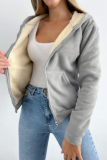 Beige Long Sleeve Zipper Front Pockets Hooded Sweatshirt Fleece Cardigan Jacket