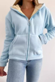 Beige Long Sleeve Zipper Front Pockets Hooded Sweatshirt Fleece Cardigan Jacket