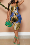 Brown Abstract Print Sleeveless Scoop Neck Party Clubwear Bodycon Midi Dress