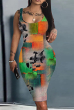 Pink Sleeveless Striped Patchwork Scoop Neck Zipper Front Casual Party Outfit Bodycon Midi Dress