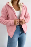 Beige Long Sleeve Zipper Front Pockets Hooded Sweatshirt Fleece Cardigan Jacket