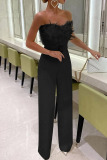 White Sleeveless Strapless Feather Trim Party Jumpsuit with Belted Waist Glamorous Wide Leg Evening Outfit