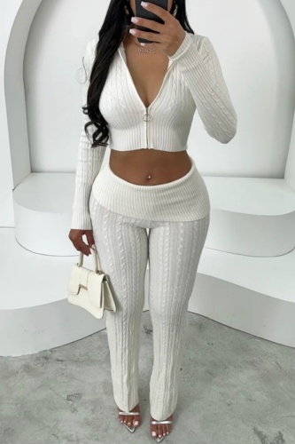 White Cable Knit Two Piece Pant Set Casual Party Wear Zipper Front Long Sleeve Crop Top and High Waist Skinny Pants Slim Fit Loungewear