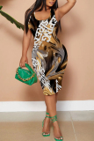 Brown Abstract Print Sleeveless Scoop Neck Party Clubwear Bodycon Midi Dress
