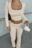Beige Square Neck Long Sleeve Ruched Crop Top and High Waist Flared Pants Casual Streetwear Outfit Slim Fit Two Piece Trouser Set