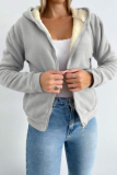 Beige Long Sleeve Zipper Front Pockets Hooded Sweatshirt Fleece Cardigan Jacket