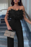 White Sleeveless Strapless Feather Trim Party Jumpsuit with Belted Waist Glamorous Wide Leg Evening Outfit