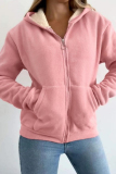 Beige Long Sleeve Zipper Front Pockets Hooded Sweatshirt Fleece Cardigan Jacket