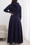 Dark Blue Long Sleeve Hoodie and High Slit Maxi Skirt Set Casual Streetwear Two Piece Dress Set