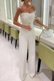 White Sleeveless Strapless Feather Trim Party Jumpsuit with Belted Waist Glamorous Wide Leg Evening Outfit