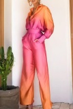 Ombre Gradient Long Sleeve Shirt and Belted Wide Leg Pants Evening Vacation Outfit Two Piece Trousers Set