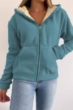 Beige Long Sleeve Zipper Front Pockets Hooded Sweatshirt Fleece Cardigan Jacket