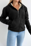Beige Long Sleeve Zipper Front Pockets Hooded Sweatshirt Fleece Cardigan Jacket
