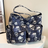Gothic Skull Floral Print Faux Leather Handbag Edgy Medium Size Tote Bag for Casual Statement Streetwear