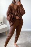 White Cable Knit Two Piece Pant Set Casual Deep V Neck Batwing Sleeve Off Shoulder Button-Up Cardigan and Tapered Trousers
