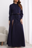Dark Blue Long Sleeve Hoodie and High Slit Maxi Skirt Set Casual Streetwear Two Piece Dress Set