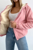 Beige Long Sleeve Zipper Front Pockets Hooded Sweatshirt Fleece Cardigan Jacket
